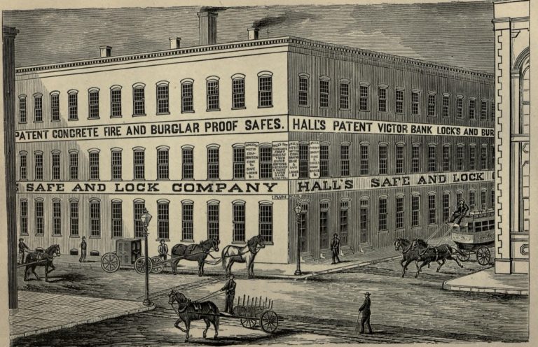 Hall's Safe & Lock Co.: History of Hall's Safes and How to Date One 9 Engraving of a large three-storey corner factory with signs reading Hall's Safe and Lock Company, Hall's patent concrete fire and burglar proof safes and Hall's patent Victor bank locks, with horse-drawn wagons in the street